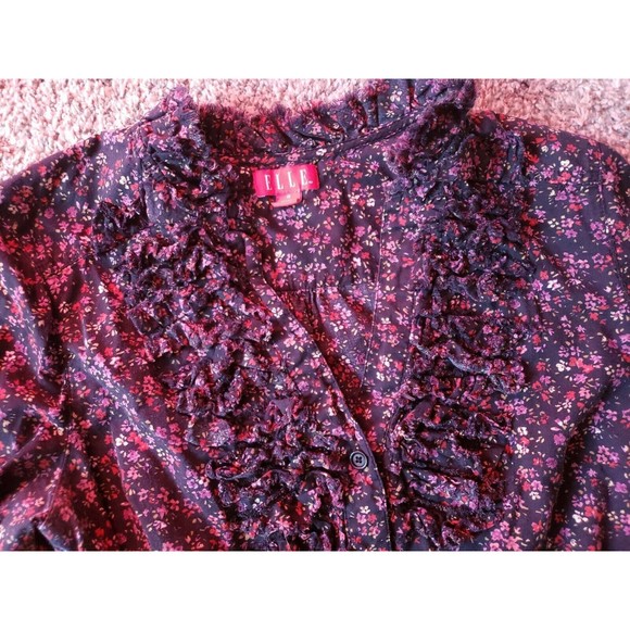 Womens Elle Sz S Patterned Ruffle 3/4 Sleeve Button Up - Picture 2 of 2